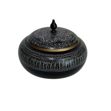 Vintage Hand Painted Black Lacquer Decorative Bowl Lid Boho Ornate Trinket Jar