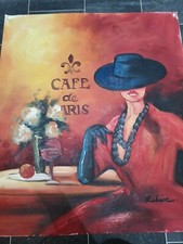 Original Large Painting on canvas- cafe De Paris, lady with red hat