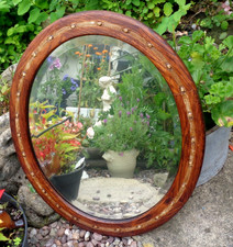 Antique Quality Arts & Crafts Oval Oak mirror with stylised inlay carving