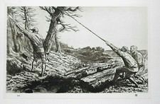 TREE SURGEON LUMBERJACKS, By  ALPHONSE LEGROS, Vintage 1926 Print of an Etching