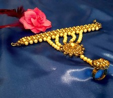 NEW PEARL STONES  CHAIN PANJA RING BRACELET HAND JEWELLERY BRONZE GOLD SET 2 PC