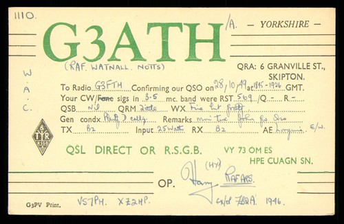 Qsl card radio g3ath raf - radio, g3ath/a