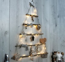 Christmas Hanging Wooden Tree 82cm Rope Ladder  LED's & Decor Rustic DIY