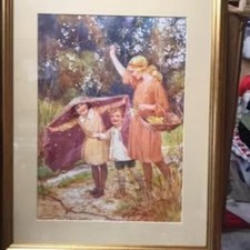 Lovely mounted print “Blossom Shower” by Margaret Tarrant in gold frame