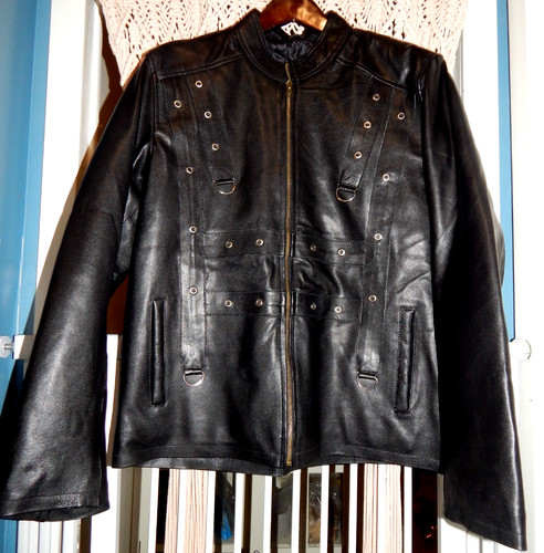 Leather moto jacket grommets - jacket,