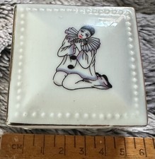 Vintage 1980's Pierrot Clown Little Square Porcelain Trinket Box