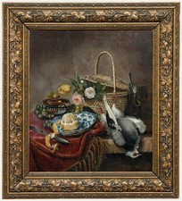Framed 19th Century Oil - Flowers, Lemon, and Pigeon