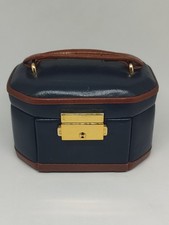 Dulwich Designs Genuine leather small travel jewellery box navy blue tan 1980s