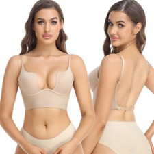 Women Low Back Bra Wire Lifting Deep U Shaped Plunge Backless Bras Clear Straps