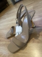Zara Beige Nude High Heel Sandal With A Metallic Gold Heel Size 4 /37 BNWT