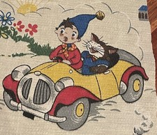 Vintage 1958 Noddy & Ms Fluffy Cat  Yellow Cotton Sew on Panel 20cmx18cm Orig