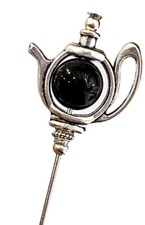 Black  Tea Pot Hat Pin Onyx Gemstone Vintage Silver Style 5 inch Long Hat Pin