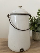 Vintage Enamel Metal Milk Canister Storage Container Pot with Lid Blue White
