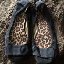 Ladies Next Size 6 Black Suede Flat Shoes With Bow Leopard Print Lining