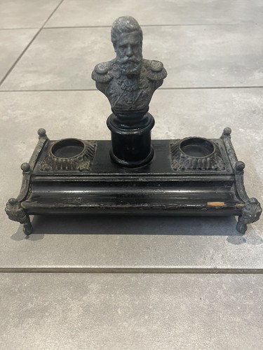 Antique metal and wood inkwell - metal,
