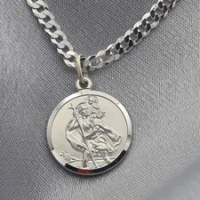 St Christopher Pendant on Flat Curb Chain 925 Sterling Silver