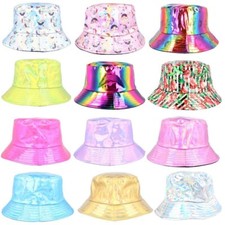 SHINY SUN HAT Bright Holo Bucket Rain Cap Unicorn Rainbow Kids Summer Party UK