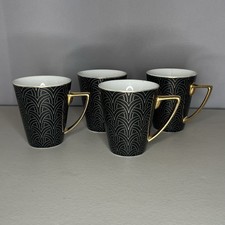 Biba Set of 4 Black & Gold Art Deco Mugs Fine China Geometric Gold Handles