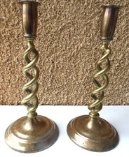 VICTORIAN BARLEY TWIST BRASS CANDLESTICKS 10 inches tall
