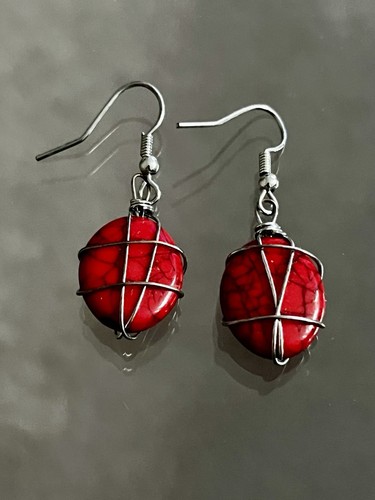 Red wire wrapped stone - red, wire‑wrapped