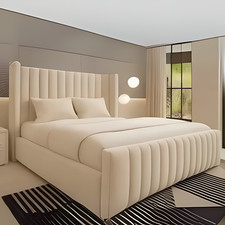 Double Winged Panel Bed Frame Plush Velvet Upholstered Ottoman Gas Lift Storage