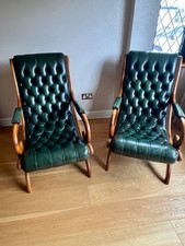 Pair of Stunning Green Leather Chesterfield Slipper/ Library Chairs *