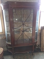 Edwardian Antique Mahogany Bowfront Display Cabinet, Glass, Lock w/Key, Lined