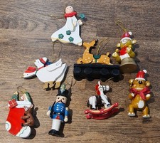 8 LARGE VINTAGE WOODEN CHRISTMAS TREE DECORATIONS BAUBLES ROCKING HORSE SOLDIER
