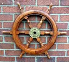 Vintage teak ships wheel C1950 solid wood brass yacht boat nautical beach decor