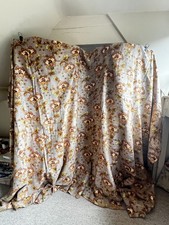 Antique Fabric Curtain, Vintage Cotton Cretonne, Yellow Mushroom Grey Flowers