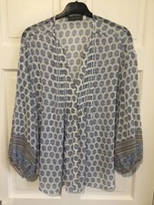 **MINT VELVET** White/Blue Border Print Pleat Detail Chiffon Blouse Size M 12/14