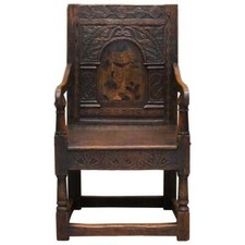17th Century Charles I English Oak Wainscot Armchair Primate Design Hand Carved
