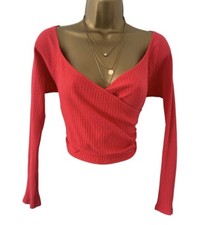 Zara Pink Rib V Neck 3/4 Sleeve Cross Over Wrap Style Short Crop Top Size L Used