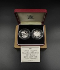 ROYAL MINT 1992-1993 & 1994 SILVER PROOF PIEDFORT 50p FIFTY PENCE TWO COIN SET