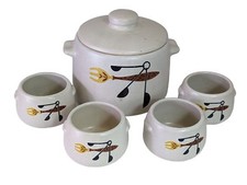 West Bend Pottery Bean Pot 2 Quart Slow Cooker Lid 4 Soup Bowl Utensil 1960s