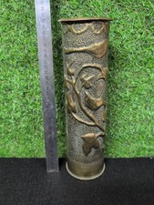 WWI Trench Art 75mm Brass Shell Case – Hand-Hammered Bird & Vine Design – Relic