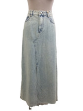 M&S Women's Skirt Light Blue Denim Deep Split Raw Edge Hem Zip Maxi New F1