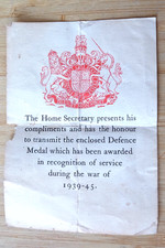 1939-45 DEFENCE MEDAL COMPLIMENT SLIP from British HOME SECRETARY
