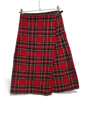 Vintage UK Made Wool Kilt Skirt Red Tartan Plaid Wrap Midi