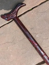 Vintage Old Antique Wood Wooden Walking Stick Cane Oriental Red Dragon Chinese 