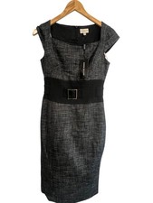 Karen Millen Belted Wool Blend Dress Black White Size 10 T2750 LT323