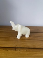 Vintage Hand Carved White Onyx Marble Elephant Figurine Trunk Up  