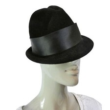 1960s Frenchi Edna Wallace Black Felt Fedora Hat Satin Trim Vintage Small