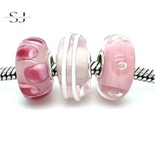 Pink Murano Glass Charm Bracelet Bead Set of 3 - 925 Silver Birthday Gift