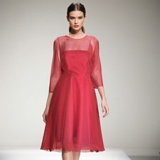 VINTAGE 70s Jean Varon Red Chiffon Cocktail Dress Couture Evening Wear UK 10 M