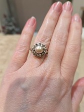 Certified 925 Silver Diamante Ring With Simulated Pearl - Size N 1/2 (17mm)