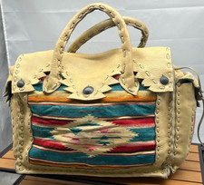 Vintage Beautiful Leather Laced Woven Navajo Silver Tooled Button Tote overnight