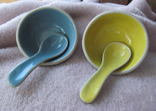 Futon Company Pair Clay Rice Spoons & Bowls Blue Yellow Japanese Style Authentic