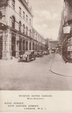 Museum Super Garage, Hyde Street, New Oxford St, London with old cars postcard