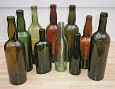 TEN Old VINTAGE Antique COLOURED Glass WINE GIN SPIRITS Whiskey BOTTLES Decor